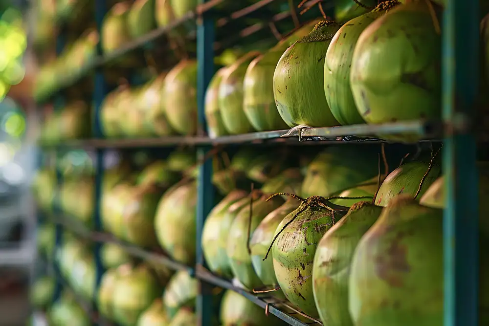 Green coconuts on shelves
